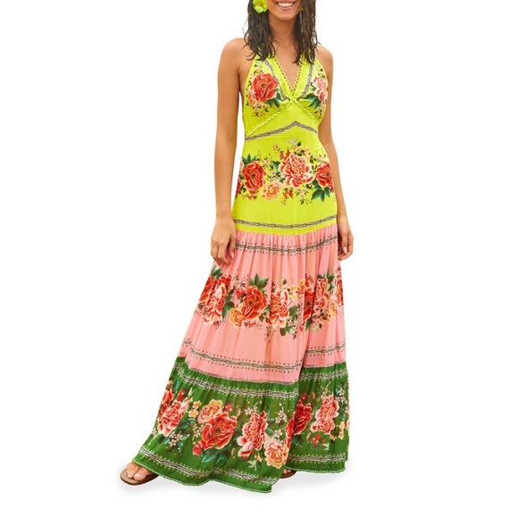 COPY - Farm Rio Manuela Floral Pastel Dress Yellow Pink Green Halter Maxi New S… - Picture 3 of 12